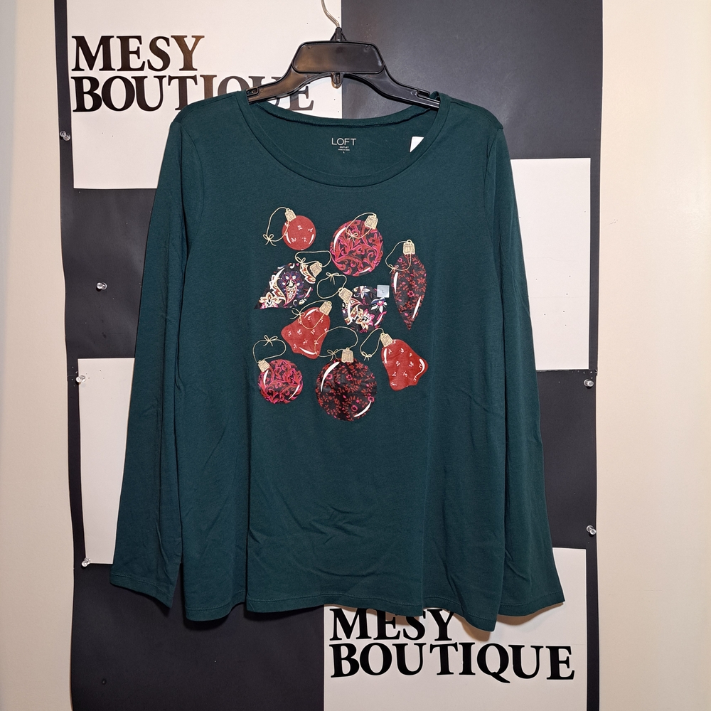 LOFT Teal Long Sleeve Top with Chrismas Design